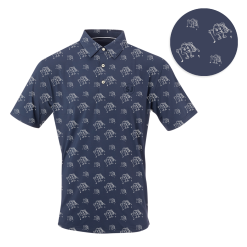 SwingJuice Short Sleeve Men's Performance Polo Golf & Tacos -Golf Shop swingjuice golf tacos performance polo navy close up